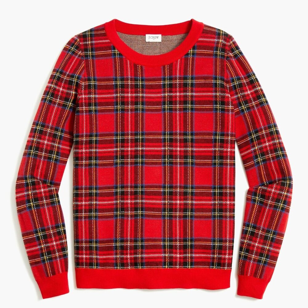 J CREW HOLIDAY RED TARTAN Crew Neck Pullover Sweater